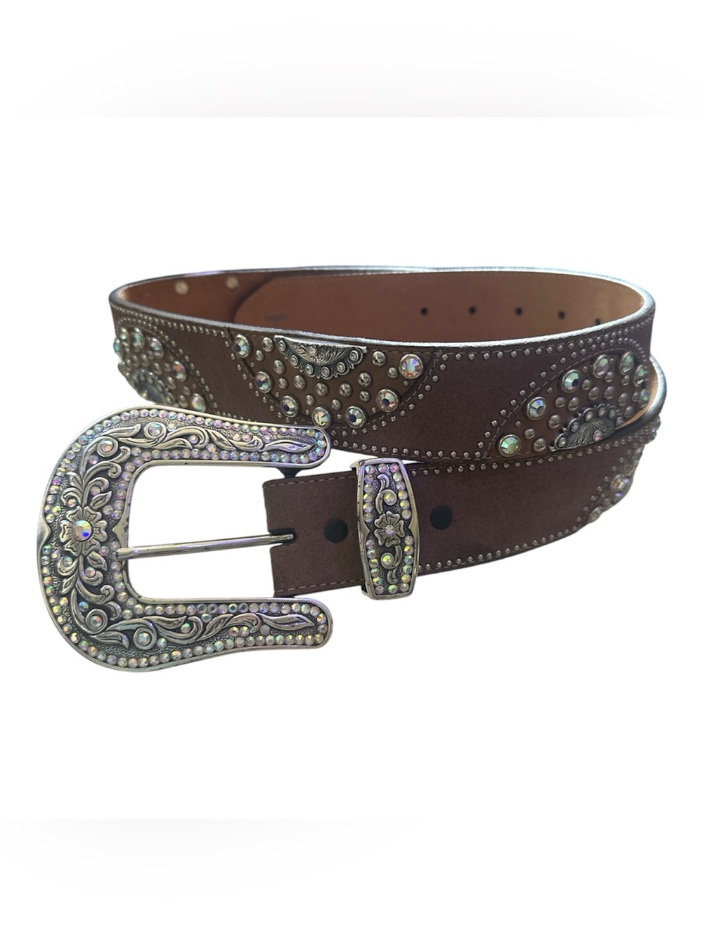 Tony Lama Women's Brown Leather Crystal Western Belt with Decorative Buckle
